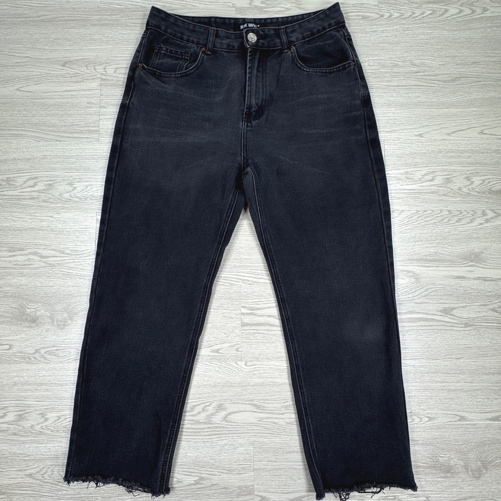 Blue Savvy Women's Jeans Straight Leg Black 13/31 Raw Hem High Waisted Denim